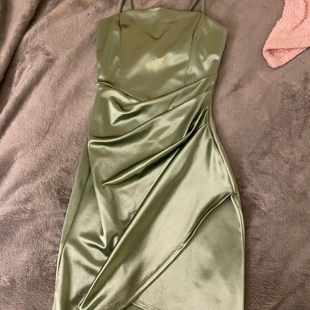 Windsor Olive Satin Mini Dress great for formal.